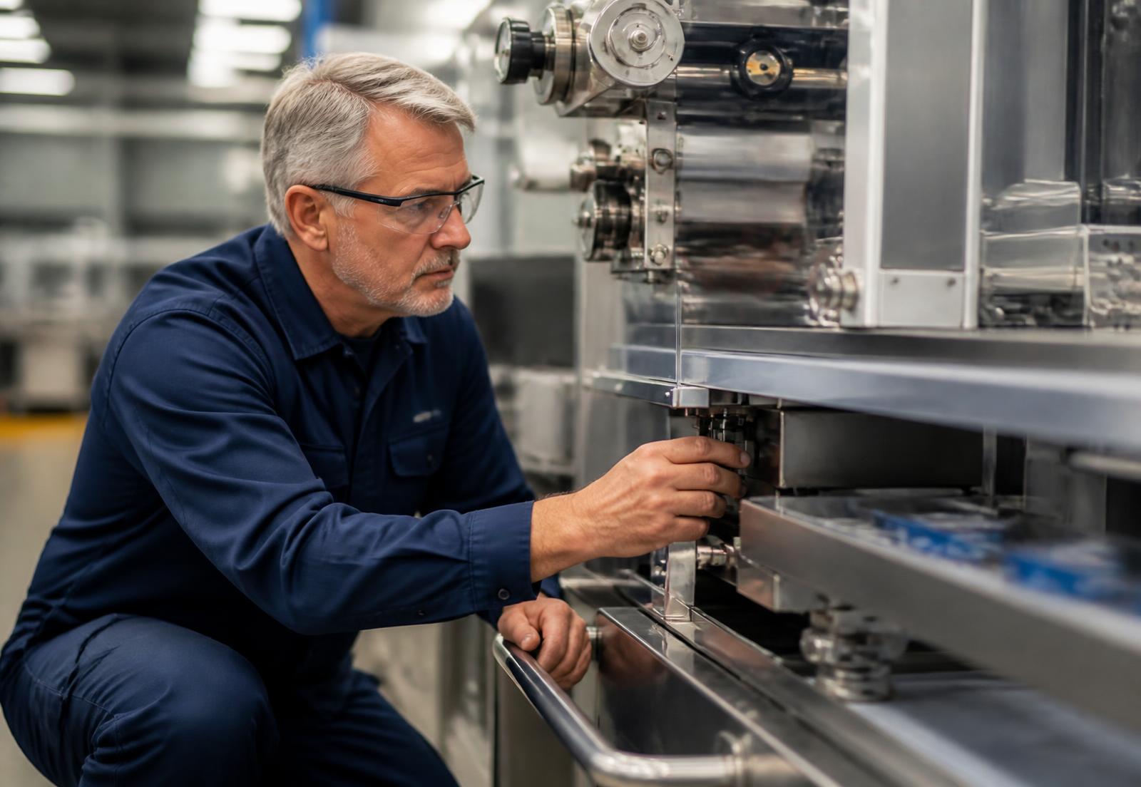 Experienced maintenance technician inspecting a stainless-steel flow-wrap packaging machine